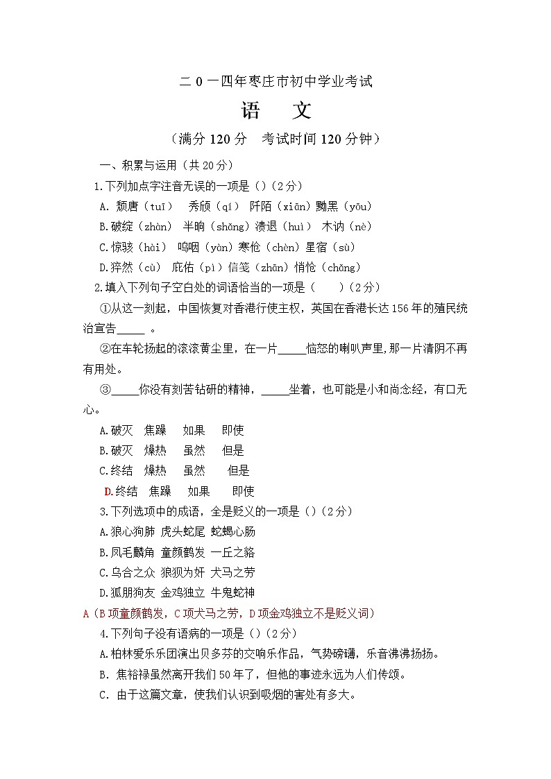 2014年枣庄市中考语文试题第1页