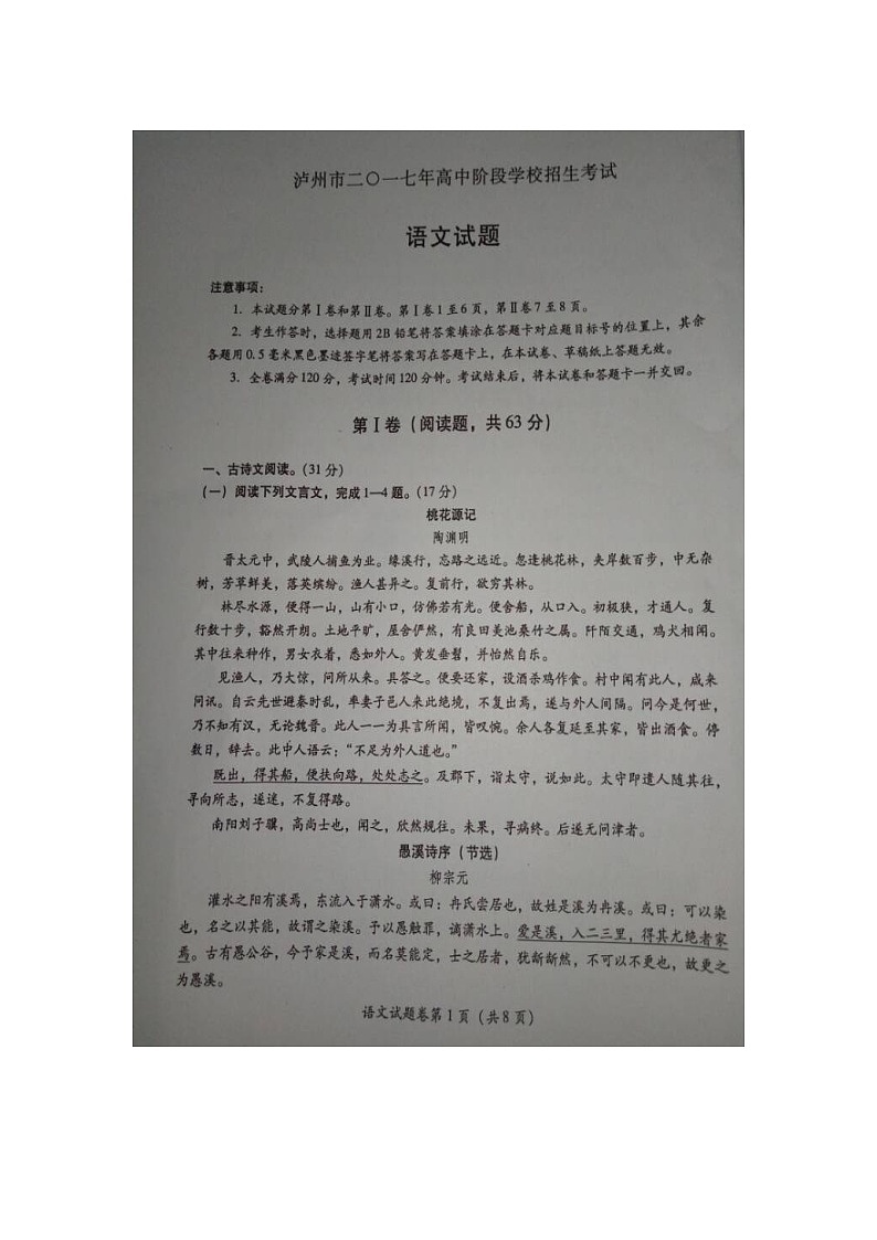 2017年泸州市中考语文试卷及答案第1页