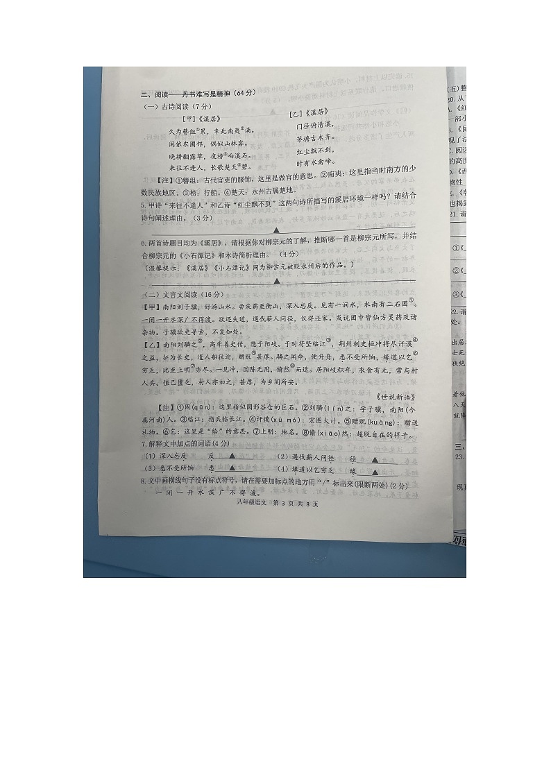 江苏省宿迁市宿豫区玉泉山路初级中学2022-2023学年八年级下学期4月期中考试语文试题03