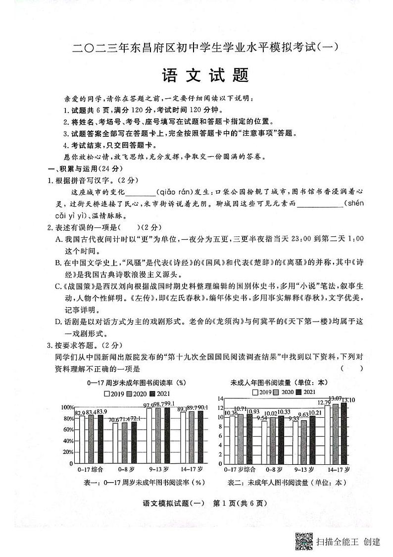 2023年山东省聊城市东昌府区中考一模语文试题01