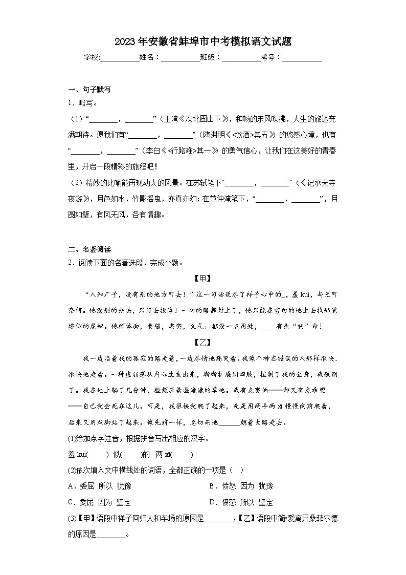 2023年安徽省蚌埠市中考模拟语文试题（含答案）01