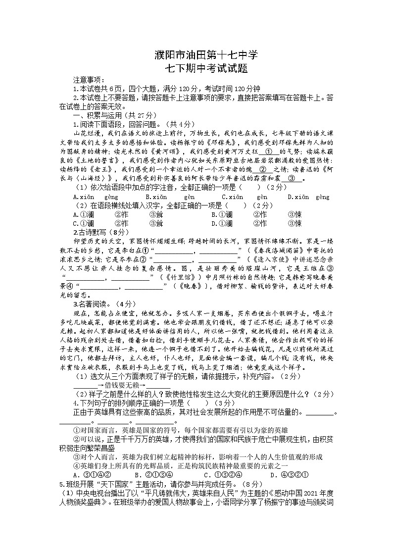 河南省濮阳市油田第十七中学2022-2023学年七年级下学期期中语文试题01