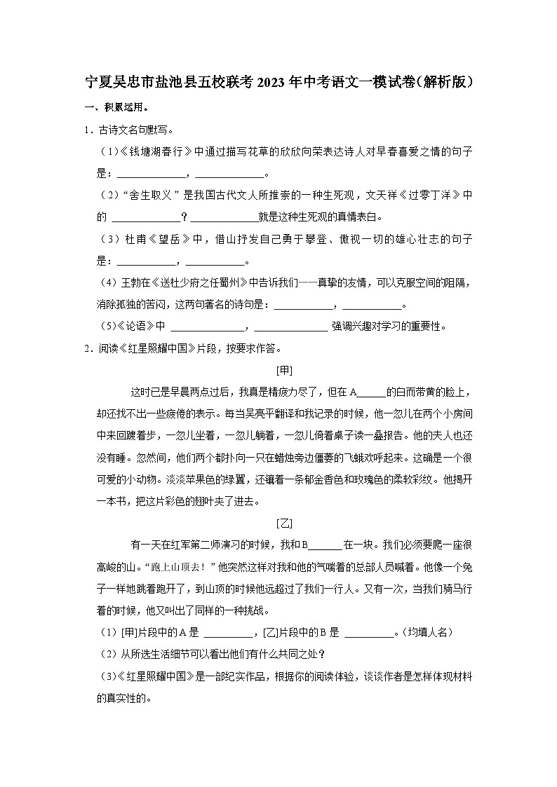 2023年宁夏盐池县五校联考中考一模语文试题 (含答案)第1页
