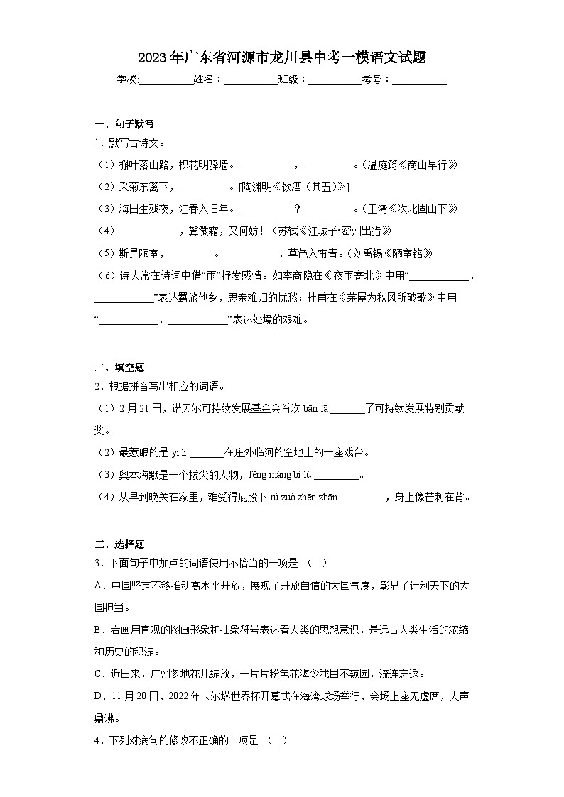 2023年广东省河源市龙川县中考一模语文试题（含答案）01