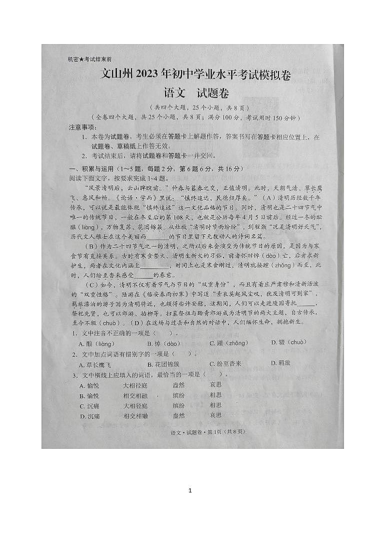2023年云南省文山州初中学业水平考试模拟语文试题第1页
