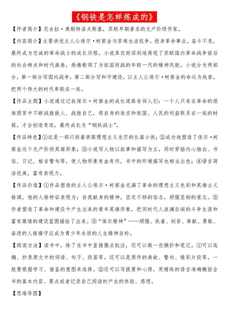 《钢铁是怎样炼成的》中考名著复习高效训练【含答案】01