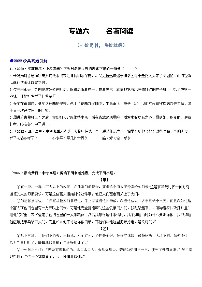 专题六     名著阅读（讲练综合）（原卷版）第1页
