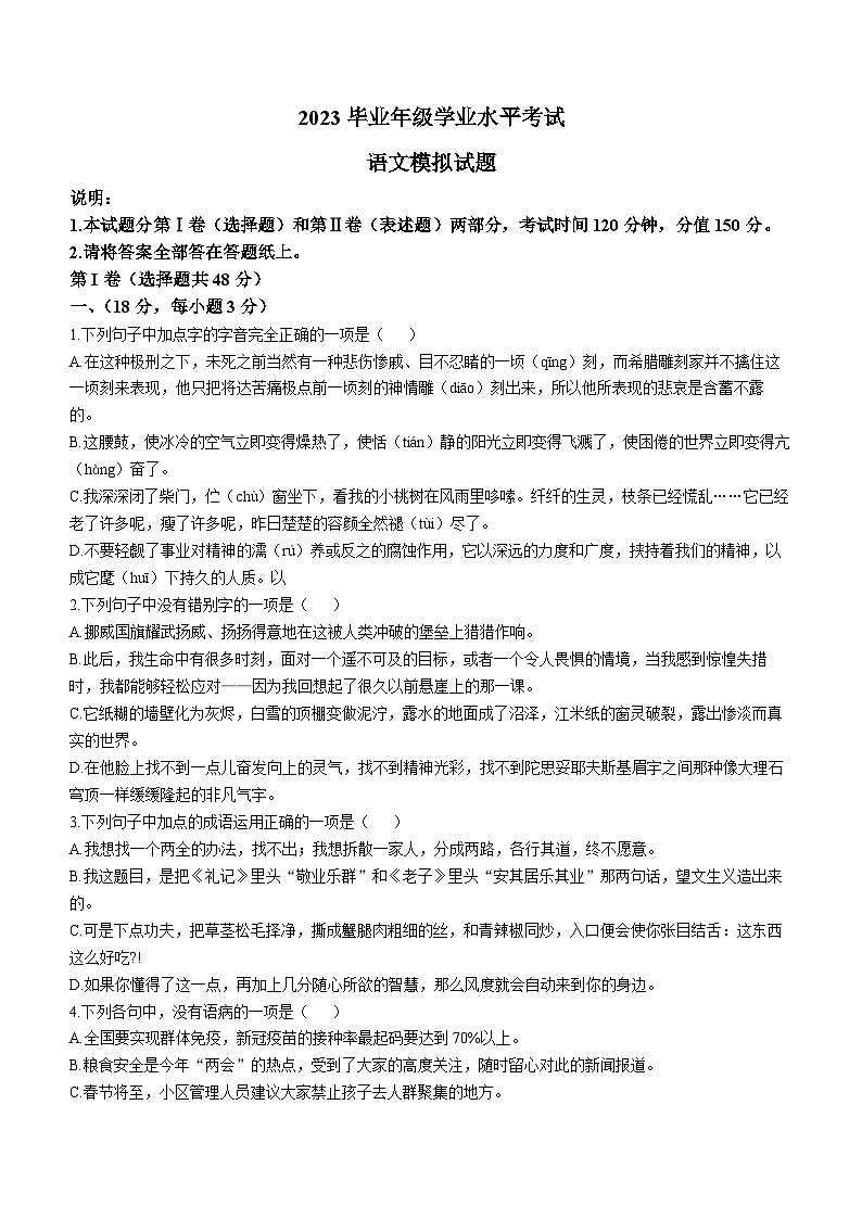 2023年山东省泰安市泰山区中考一模语文试题（含答案）01