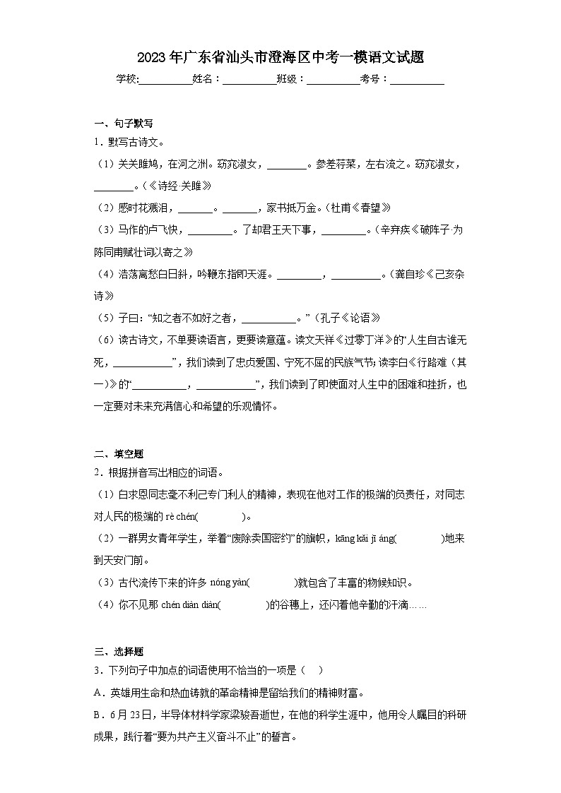 2023年广东省汕头市澄海区中考一模语文试题（含答案）01