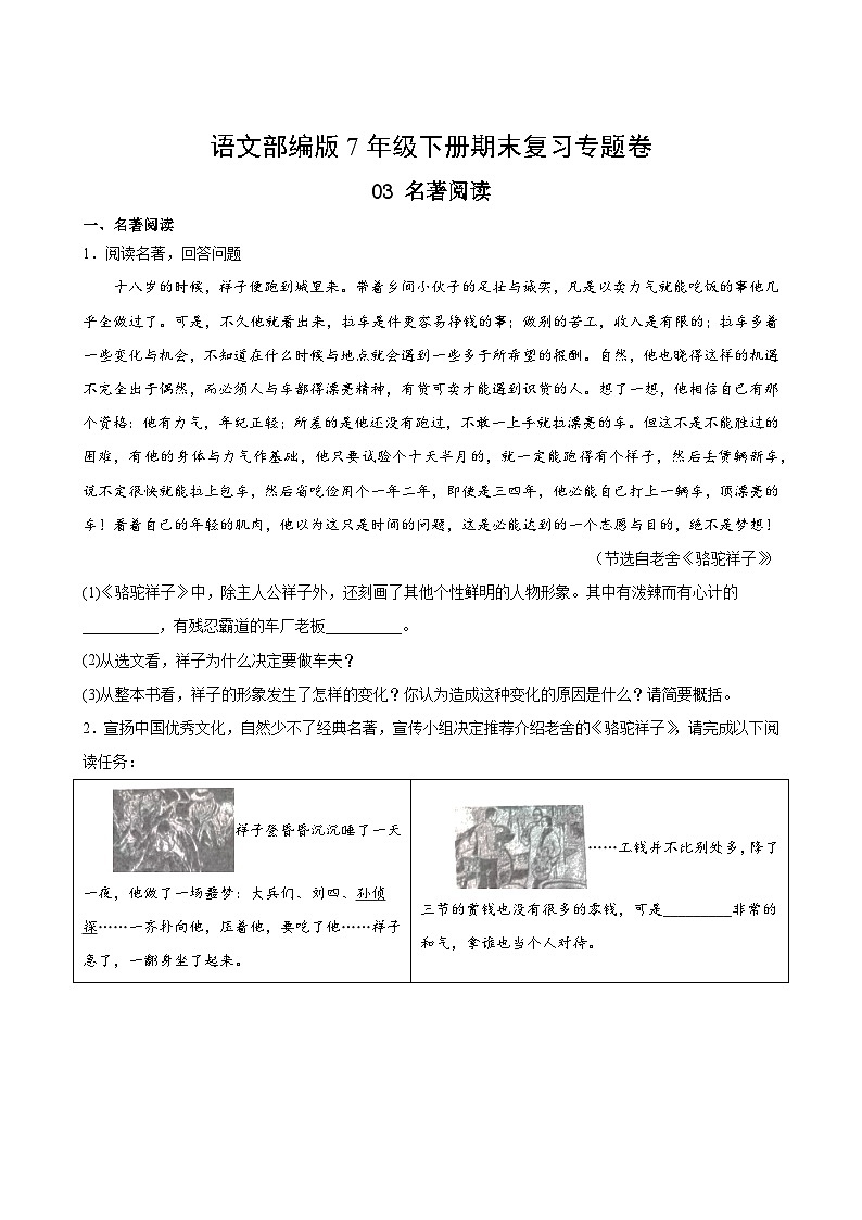 语文部编版7年级下册期末复习专题卷 03名著阅读02