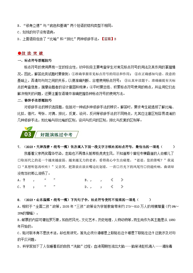 查补易混易错点03 标点与修辞-【查漏补缺】2023年中考语文三轮冲刺过关 试卷03