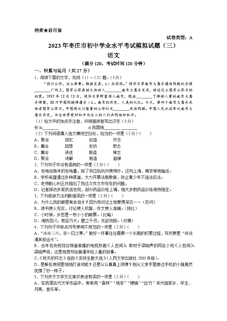 2023年山东省枣庄市滕州市中考三模语文试题01