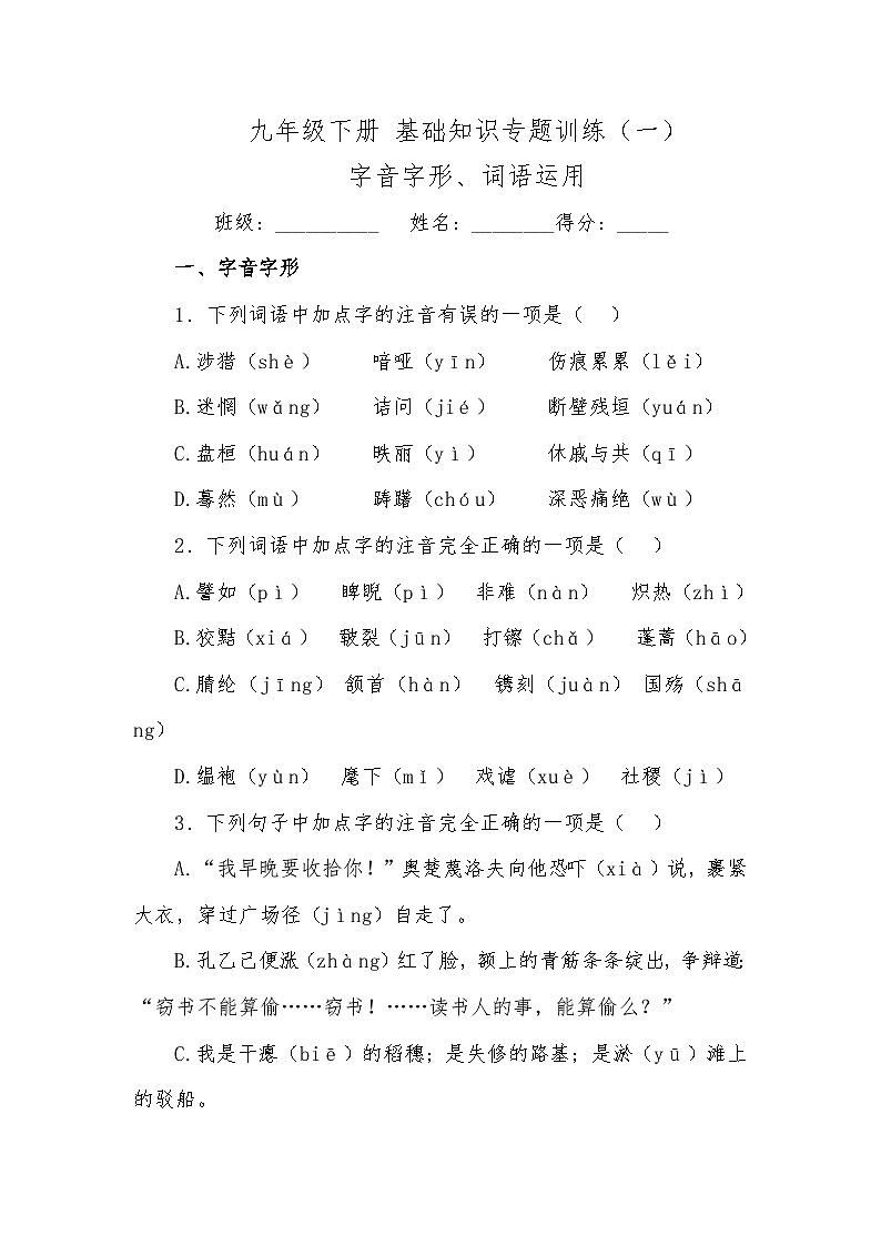 九年级下册 基础知识专题训练（字音字形、词语运用）01
