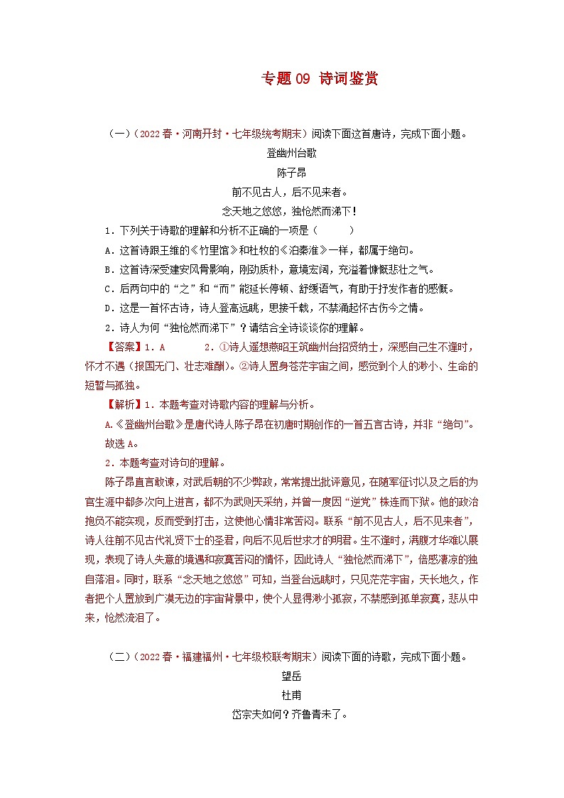 专题09：诗词鉴赏（专题过关）-2022-2023学年七年级语文下学期期末末考点大串讲（部编版）01