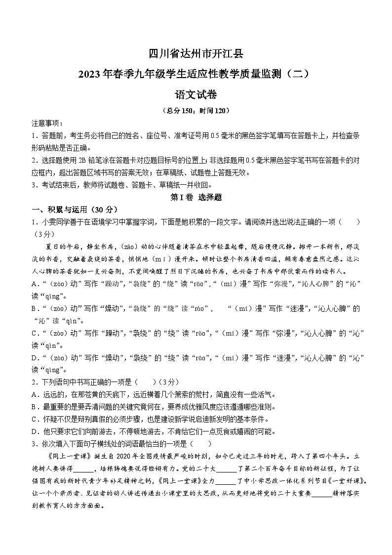 2023年四川省达州市开江县中考二模语文试题（含答案）01