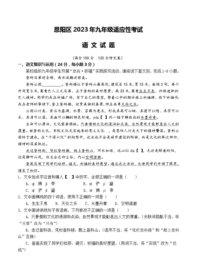 2023年 四川省巴中市恩阳区九年级适应性考试语文试题第1页