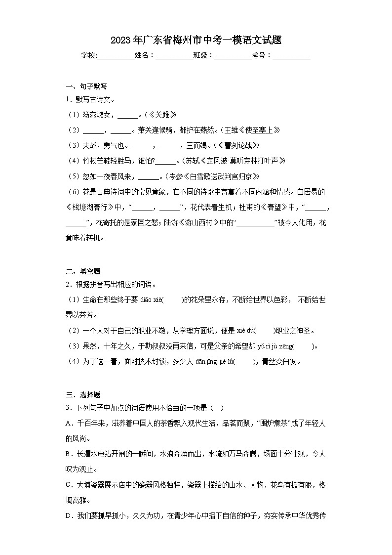 2023年广东省梅州市中考一模语文试题（含解析）01