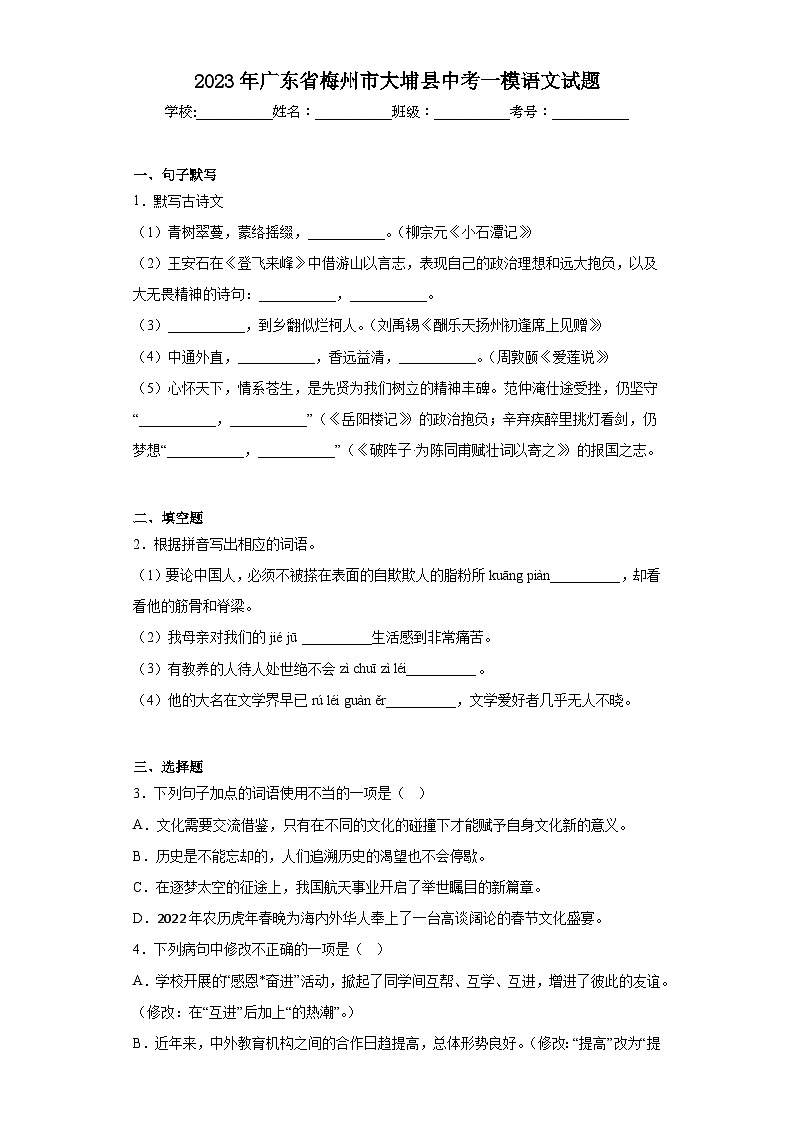 2023年广东省梅州市大埔县中考一模语文试题（含答案）01