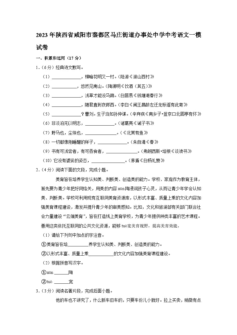 2023年陕西省咸阳市秦都区马庄街道办事处初级中学中考一模语文试题（含答案）第1页