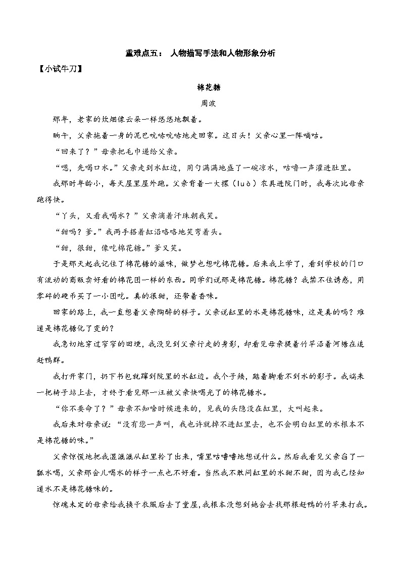 重难点05：人物描写手法和人物形象分析-备战中考语文重难点专练（全国通用）01