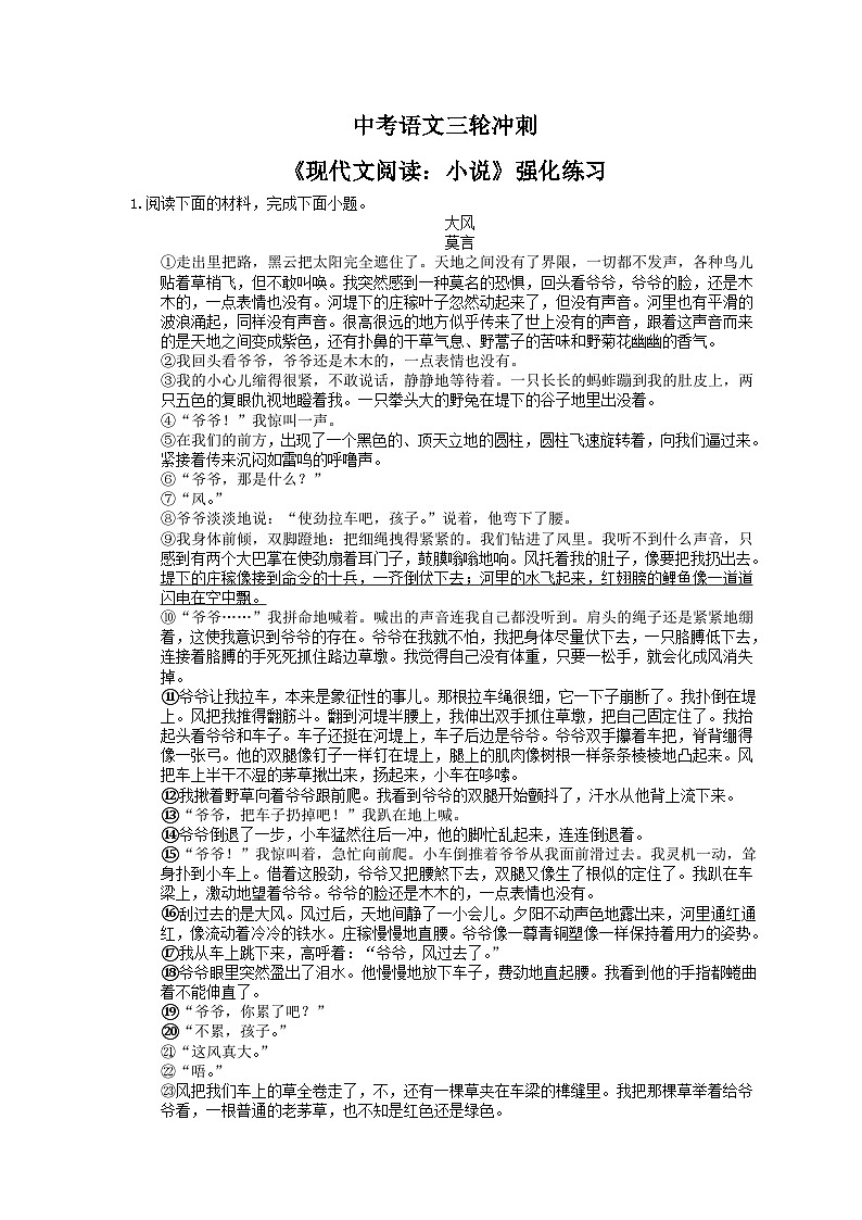 中考语文三轮冲刺《现代文阅读：小说》强化练习（含详解）01