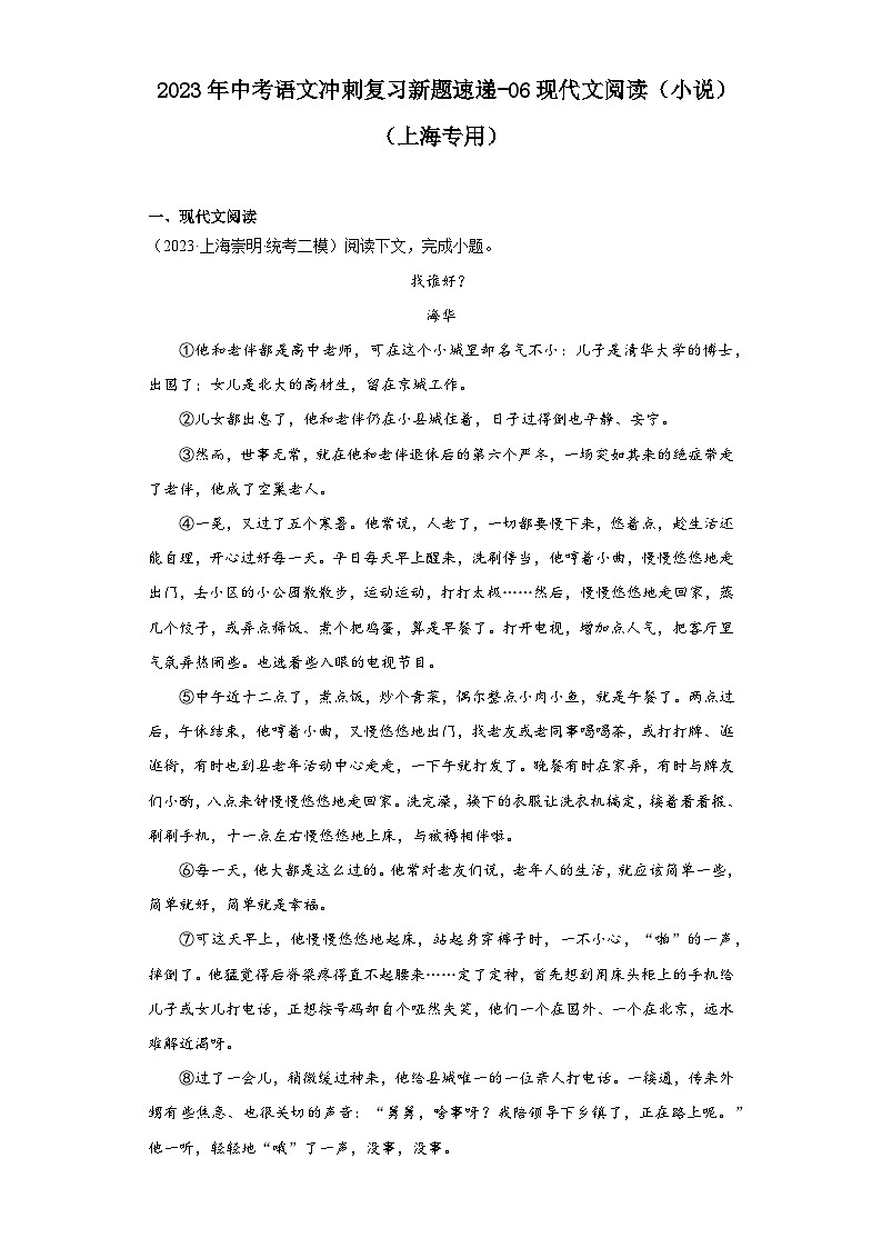 2023年中考语文冲刺复习新题速递-06现代文阅读（小说）（上海专用）第1页