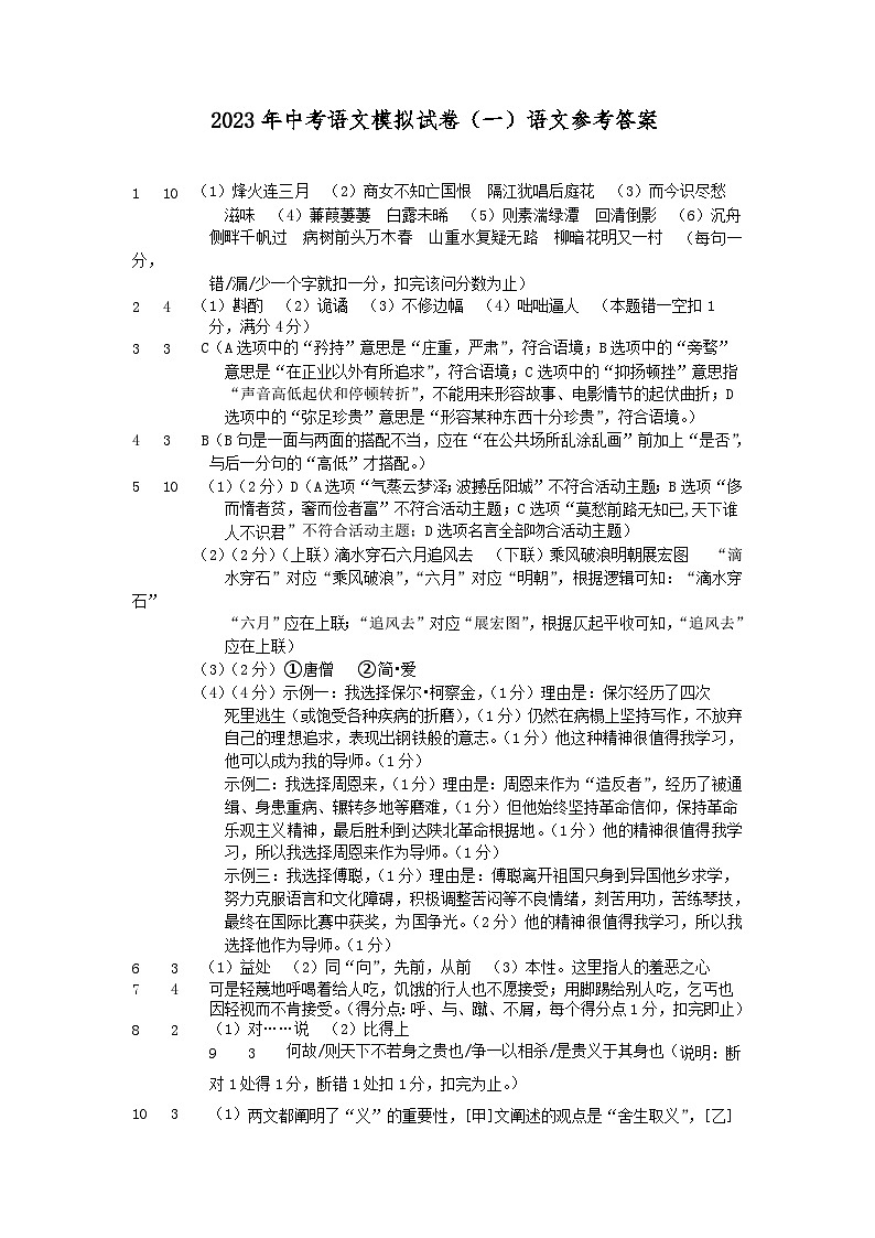 2023年中考语文模拟试卷（一）语文参考答案-已定稿第1页