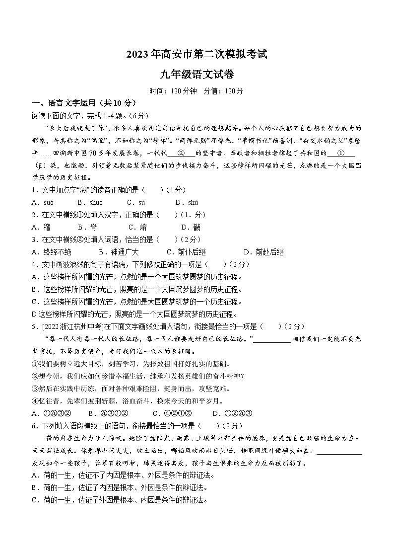 2023年江西省宜春市高安市中考二模语文试题01
