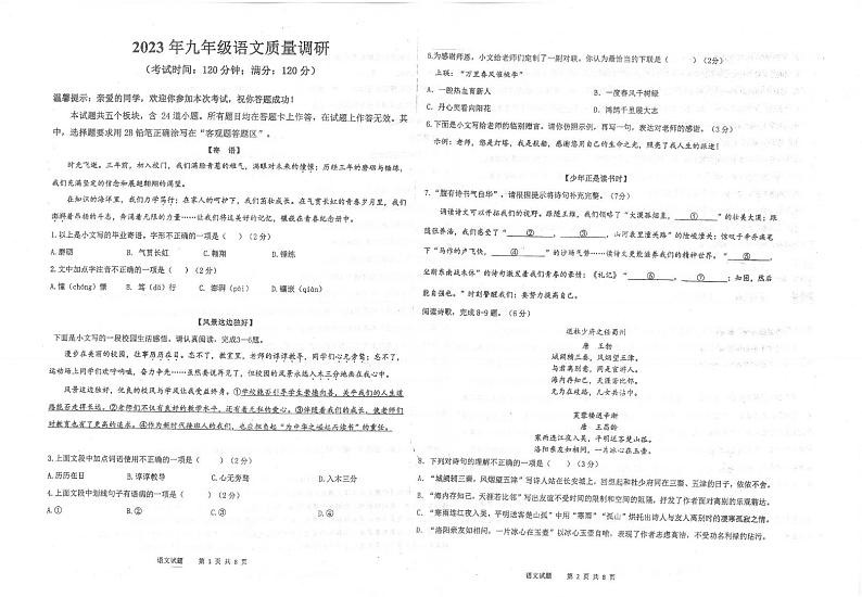 2023年山东省青岛市市南区九年级二模语文试题第1页