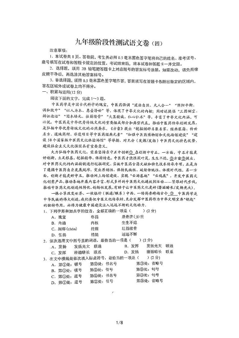 2023年山东省日照市田家炳中学九年级中考二模语文试卷01