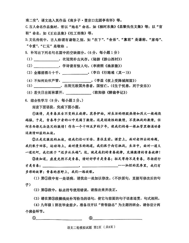 2023年临沂市沂南县中考二模语文试题第2页