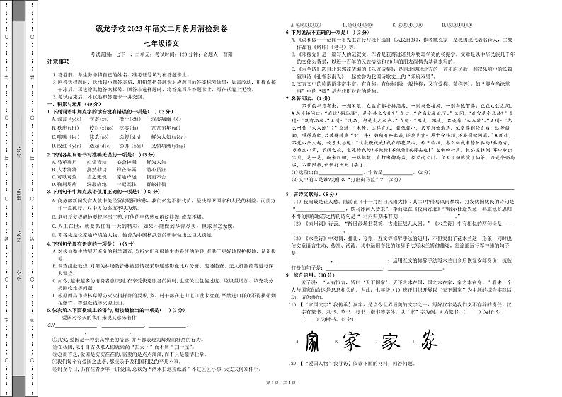 湖南省益阳市赫山区箴言龙光桥学校2022-2023学年七年级下学期第一次月考语文试题01