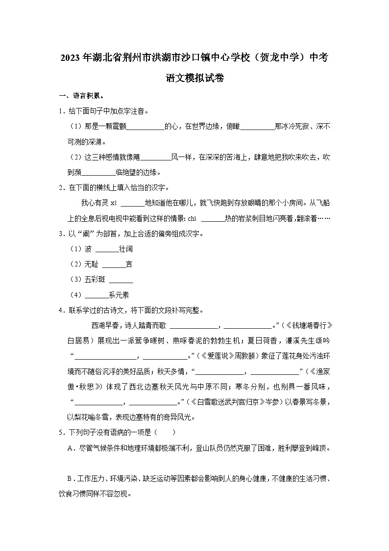2023年湖北省荆州市洪湖市沙口镇中学（贺龙中学）中考语文模拟试卷(含答案)第1页