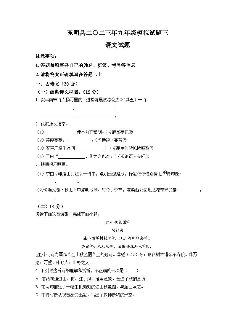 2023年山东省菏泽市东明县中考三模语文试题（学生版）01