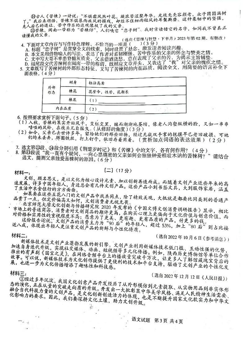 安徽省淮南市凤台第四中学2022-2023学年中考第三次模拟考试语文试卷（含答题卡、答案）第3页