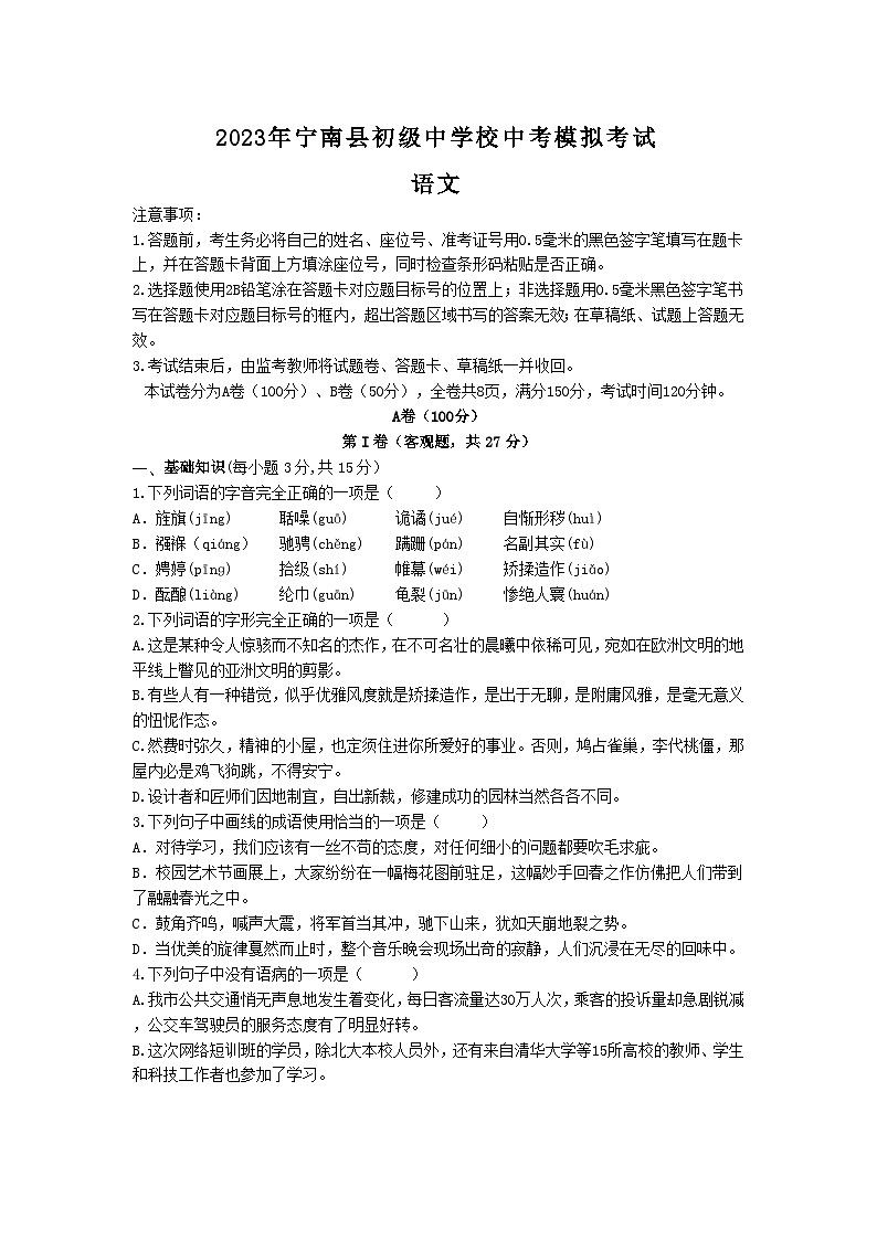 2023年四川省凉山州宁南县初级中学校中考模拟考试语文试题01