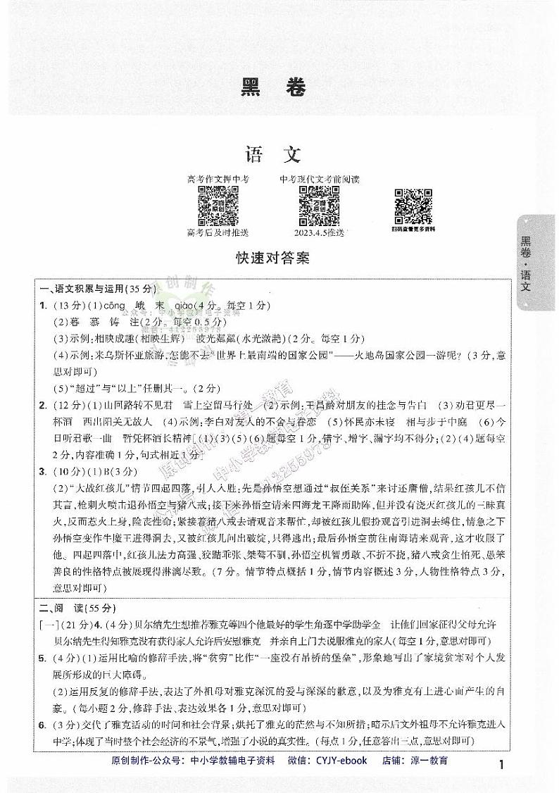 【4】《答案详解详析（黑白卷）》-安徽：语文第1页