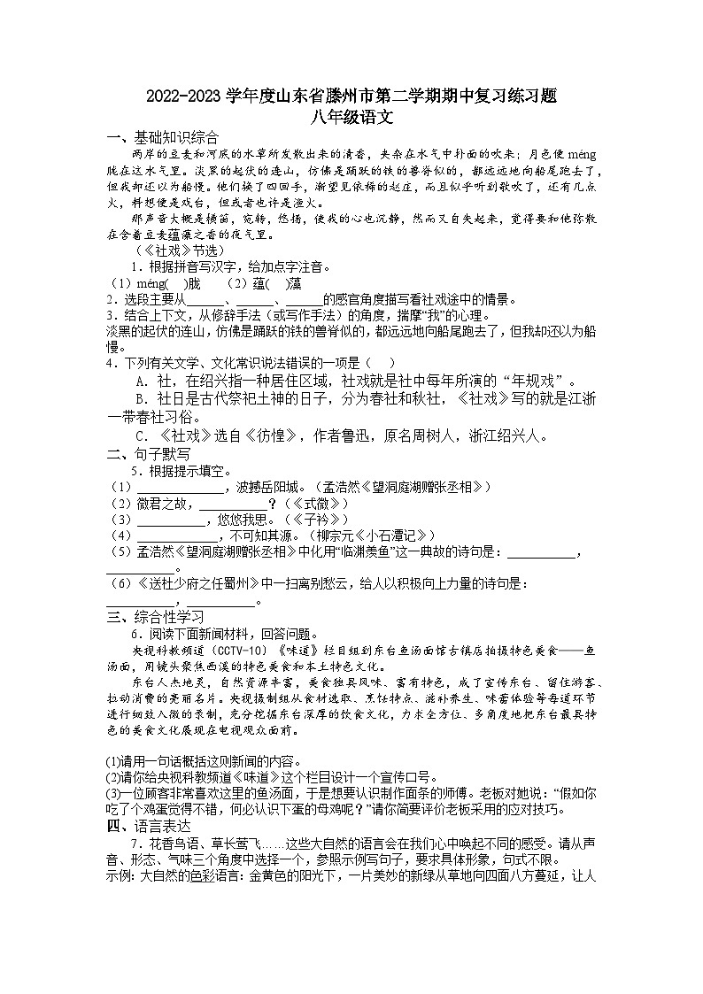 期中复习题   部编版语文八年级下册（无答案）第1页