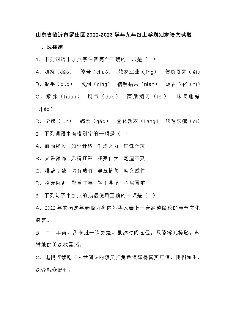 山东省临沂市罗庄区2022-2023学年九年级上学期期末语文试题及答案01