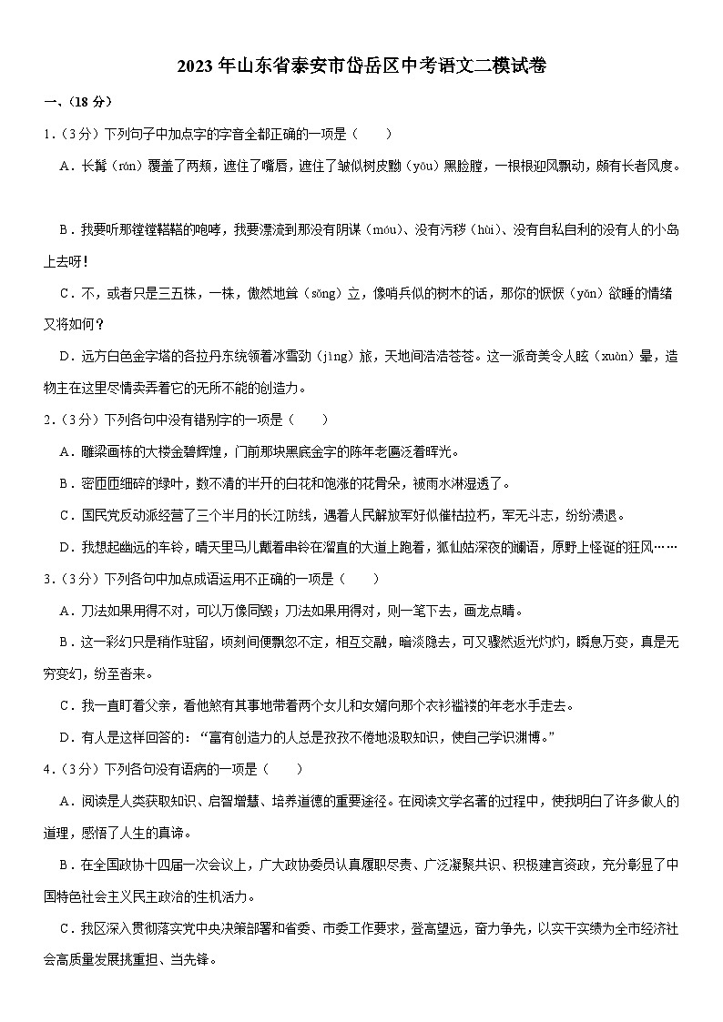 2023年山东省泰安市岱岳区中考二模语文试卷（含答案）01