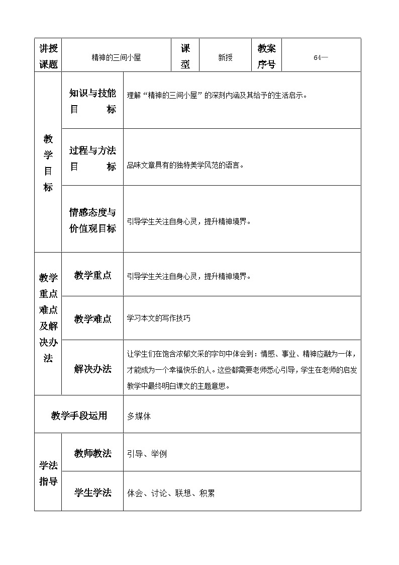 第9课《精神的三间小屋》教学设计4-九年级语文上册统编版第1页