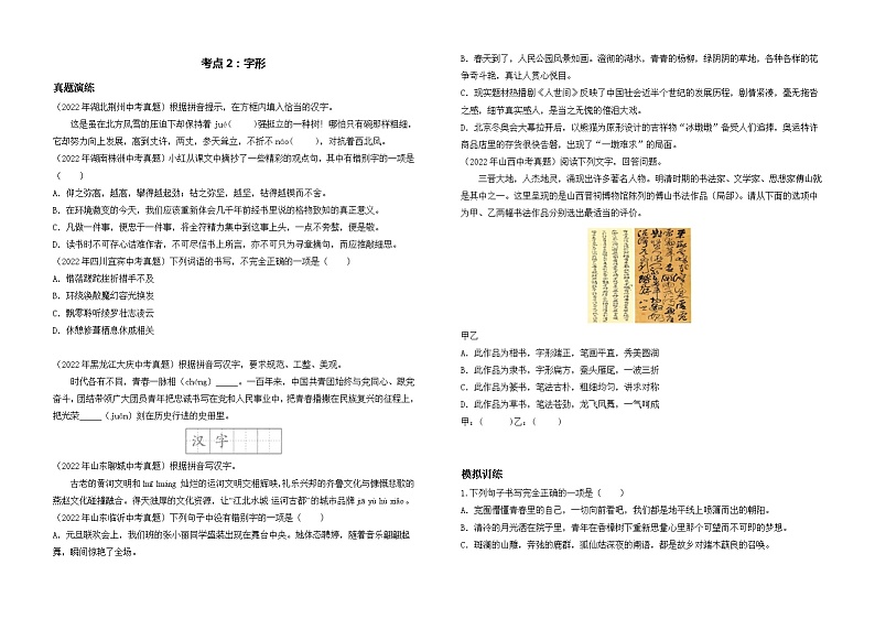 考点2：字形-2023届中考备考语文（A3 word版）第1页