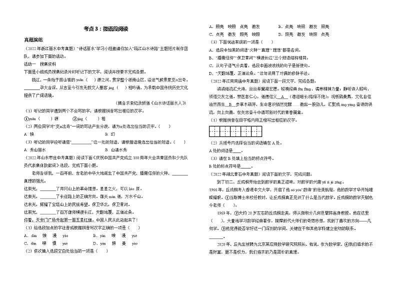 考点3：微语段阅读-2023届中考备考语文（A3 word版）第1页