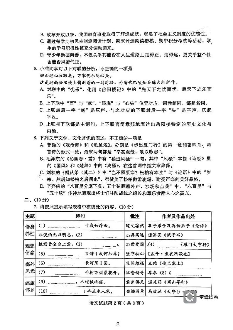 2023年山东省潍坊市诸城市中考三模语文试卷02