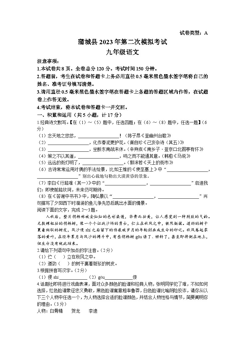 2023年陕西省渭南市蒲城县中考二模语文试题01