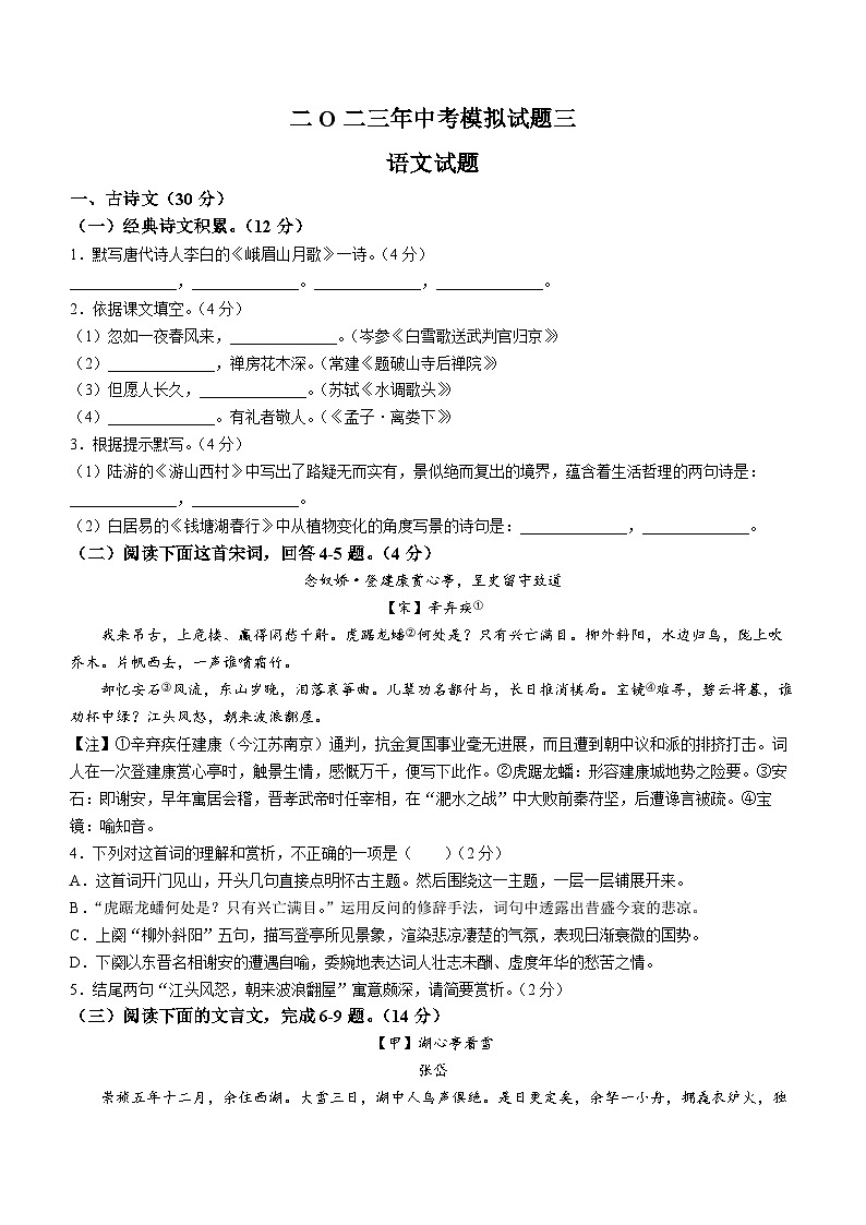 2023年山东省菏泽市鄄城县中考三模语文试题（含答案）01