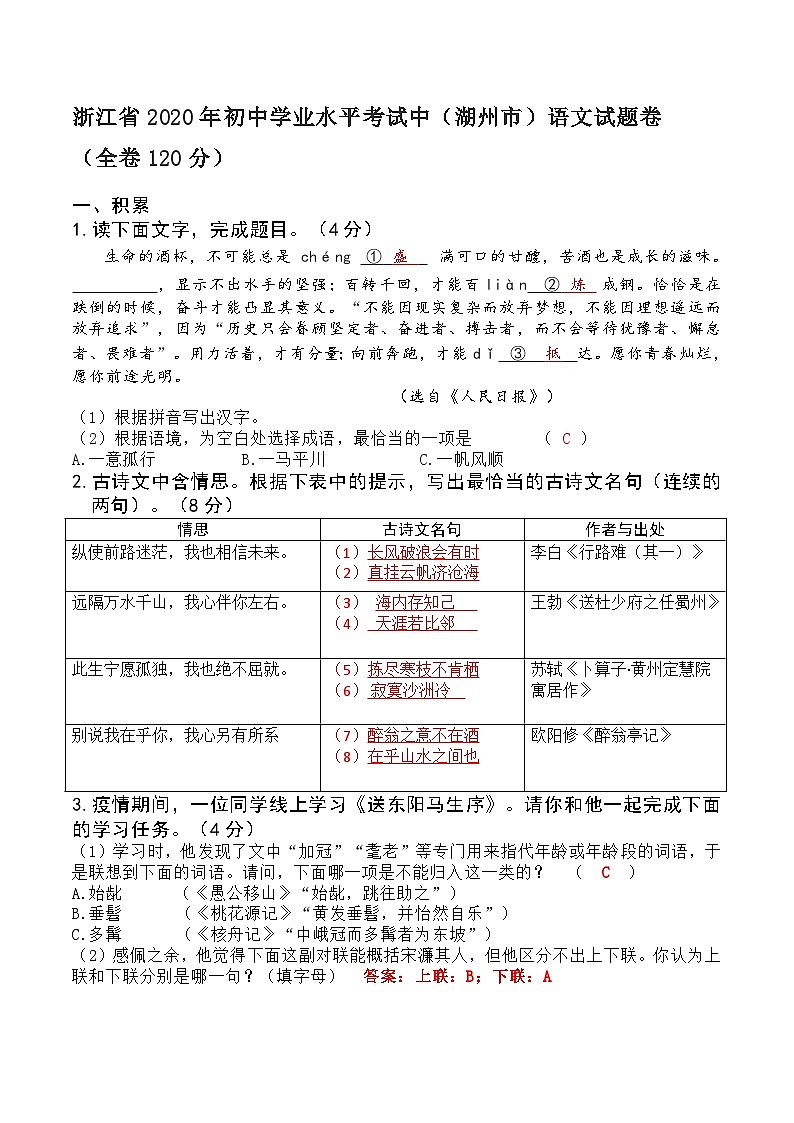 2020浙江湖州中考语文卷及答案（一校）01