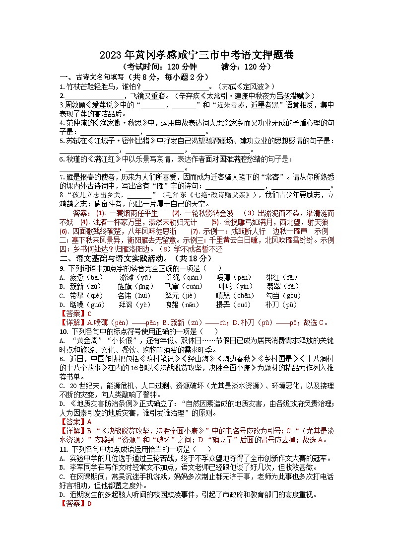 2023年湖北省黄冈市孝感市咸宁市三市中考语文押题卷(含答案)01