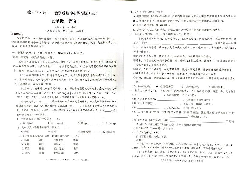 云南省石林县鹿阜中学七下语文5月月考卷及答案01