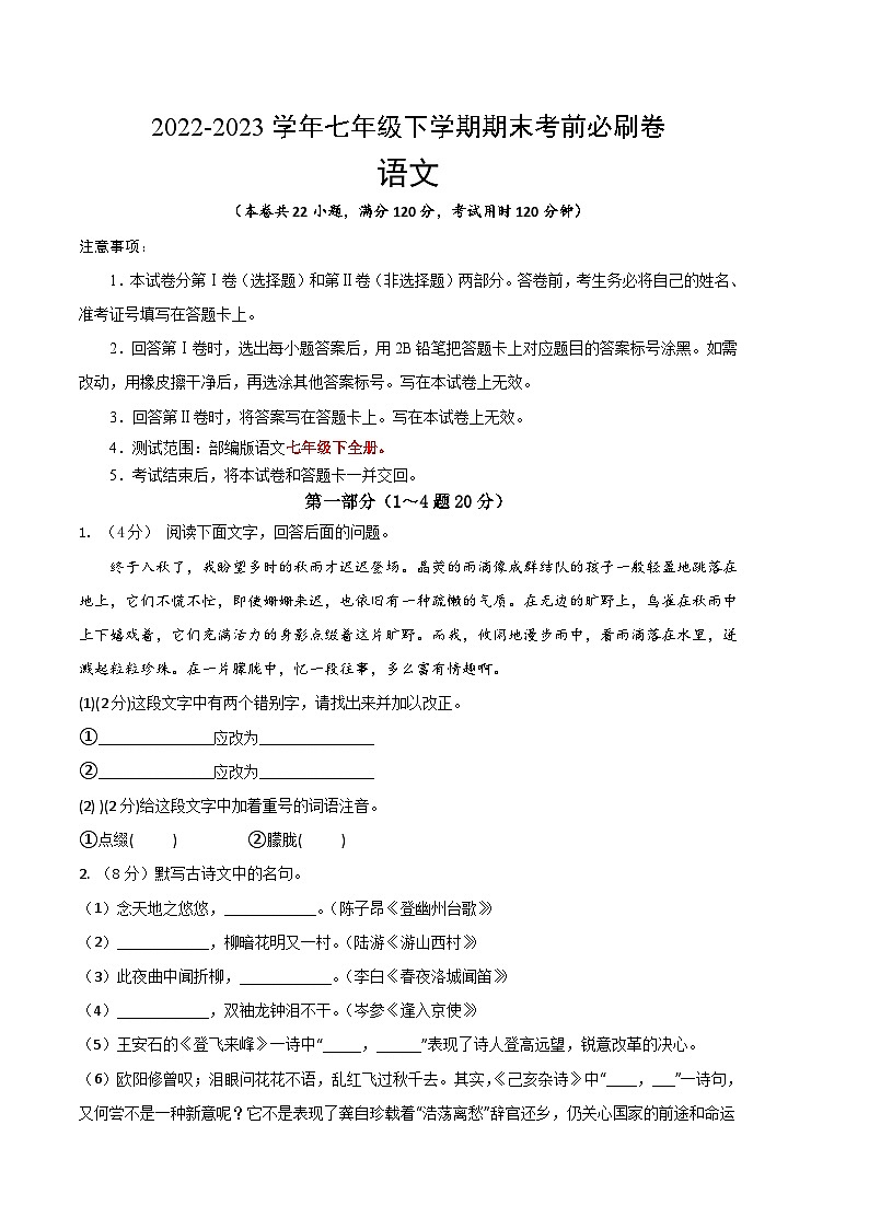 语文01卷（河北专用）-（考试版）A4第1页